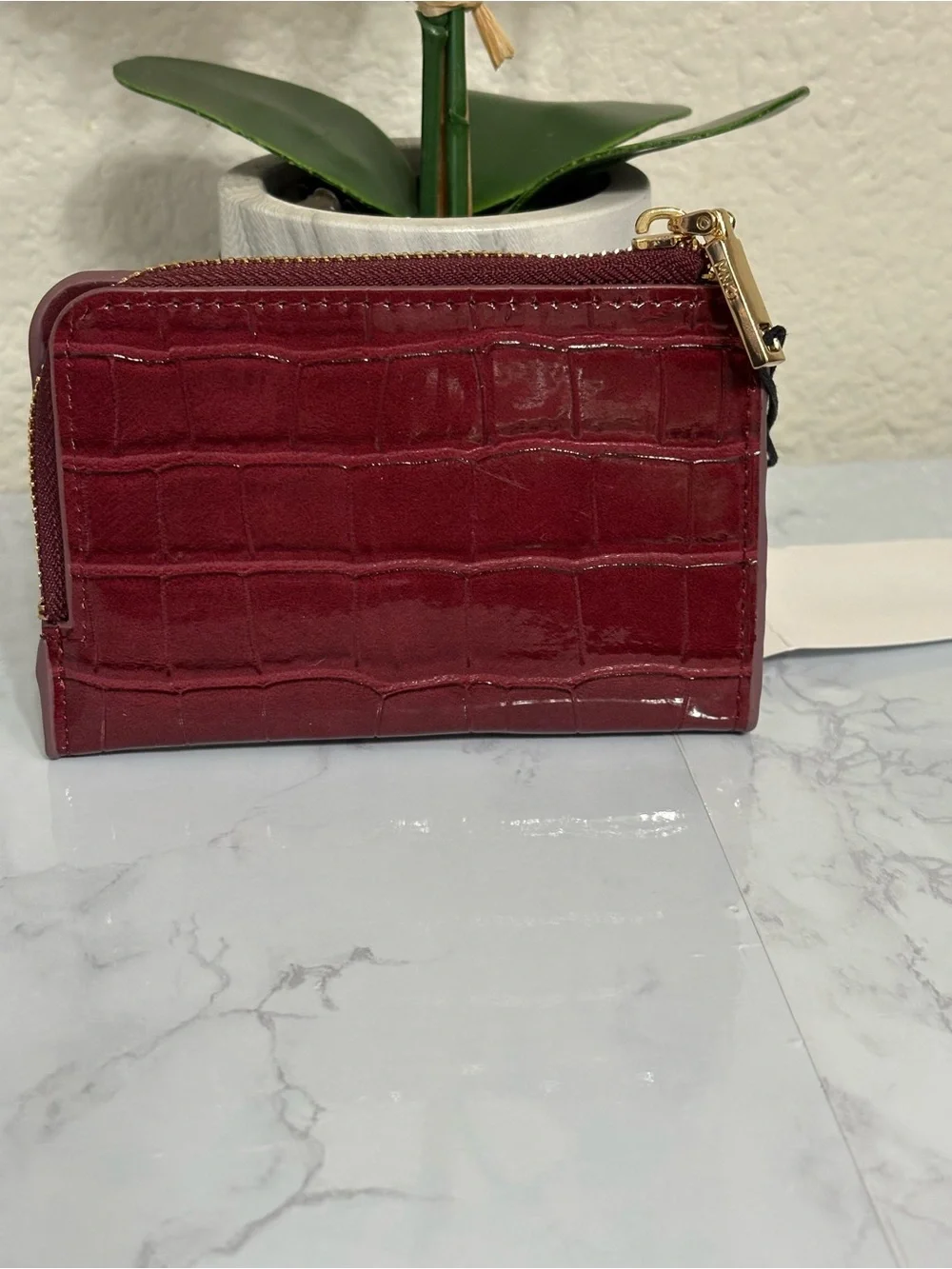 MANGO Burgundy Croc-Effect Small Credit Card/Coin Zipper Wallet
